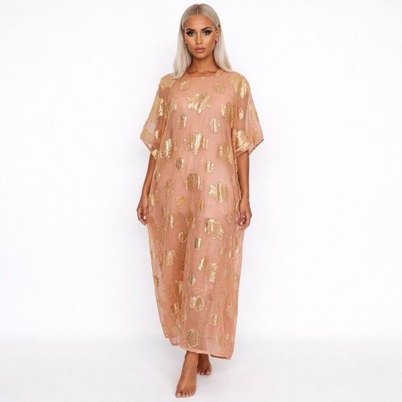Dresses & Skirts - Kaftan Caftan Maxi Dress 1 Size Peach BOHO Gold Paisley Embellished Square Neck